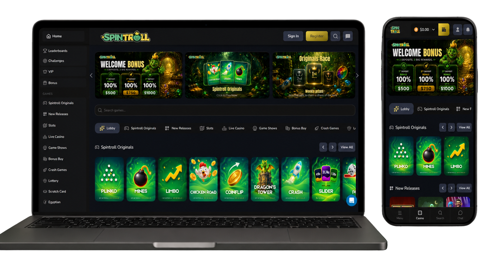 Spintroll casino desktop and mobile experience